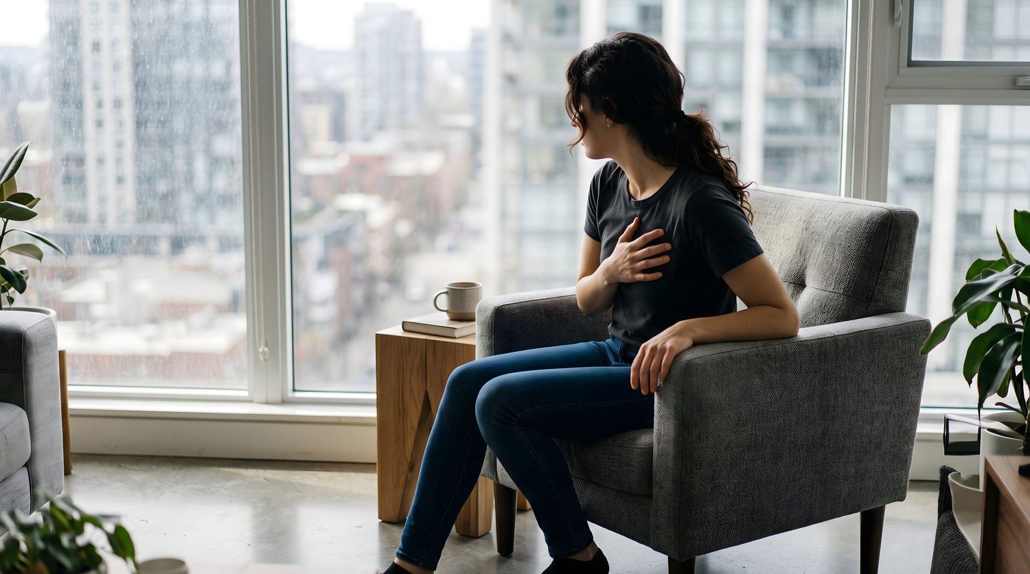 Femme assise près de la fenêtre respirant calmement face à une crise d'angoisse